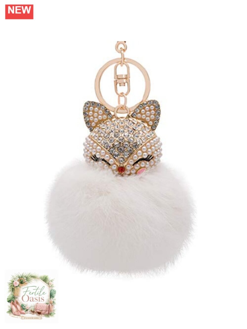 Genuine Rabbit Fur Fox Head Keychain with Rhinestones, Lobster Clasp,